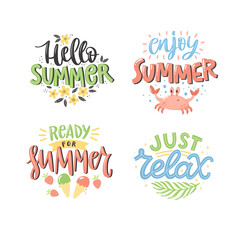 Colourful summer lettering set in modern style. Hand-drawn holiday decorations. Isolated vector illustration designs with summer elements. Vector typography collection.