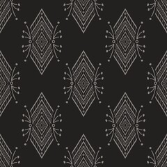 Illustration drawing African tribal Mali mud cloth symbol shape design seamless pattern on black background. Use for fabric, textile, interior decoration elements, wrapping.