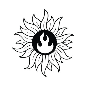 hand drawn sun flower with fire doodle illustration for tattoo stickers poster etc