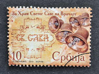 Cancelled postage stamp printed by Serbia, that shows promotes Construction of St. Sava Temple,...