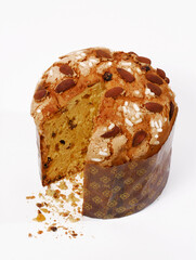Sweet sliced panettone isolated on white background.