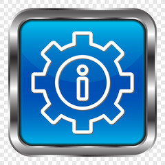 Gear vector, simple icon. Flat design. Metal, blue square button. Transparent grid.ai