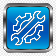 Gear wrench simple icon. Flat design. Metal, blue square button. Transparent grid.ai