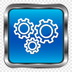 Gears simple icon vector. Flat design. Metal, blue square button. Transparent grid.ai