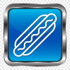 Hot Dog simple icon vector. Flat design. Metal, blue square button. Transparent grid.ai