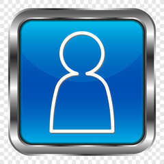 Human simple icon vector. Flat design. Metal, blue square button. Transparent grid.ai