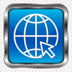 Internet world simple icon. Flat design. Metal, blue square button. Transparent grid.ai