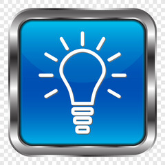 Light bulb simple icon. Flat design. Metal, blue square button. Transparent grid.ai