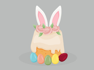 Vector Easter cake with painted eggs. a pie with a beautiful decor. Kulich.