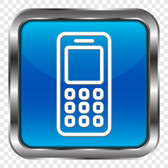 Mobile phone simple icon. Flat design. Metal, blue square button. Transparent grid.ai