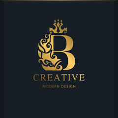 Royal letter B design. Luxury logo template. Gold monogram. Creative Emblem for Business sign, badge, crest, label, Boutique brand, Hotel, Restaurant, Heraldic. Modern style. Vector illustration