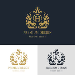 Monogram creative elements, graceful template. Calligraphic elegant line art logo design. Letter emblem H, V, K for Royalty, business card, Boutique, Hotel, Heraldic, Jewelry. Vector illustration.