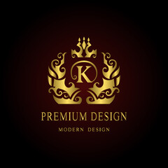 Gold monogram. Royal letter K design. Luxury logo template.  Creative Emblem for Business sign, badge, crest, label, Boutique brand, Hotel, Restaurant, Heraldic. Modern style. Vector illustration