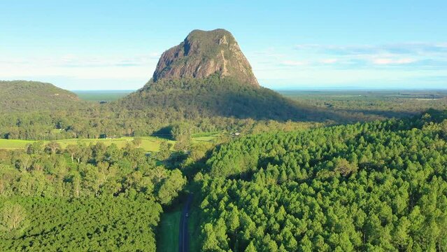 Aerial view of Mt Tunbubudla, Glass House Mountains, Queensland, Australia.