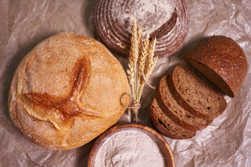 top view of several varieties of different breads, flour and wheat ears. homebaked bread. food background