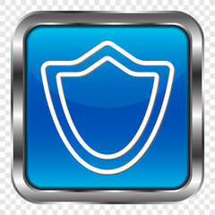 Sheild protection simple icon. Flat design. Metal, blue square button. Transparent grid.ai