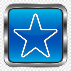 Star simple icon vector. Flat design. Metal, blue square button. Transparent grid.ai