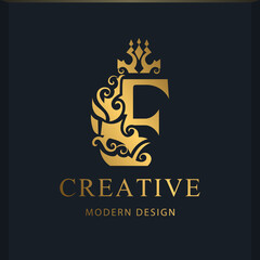 Royal letter F design. Luxury logo template. Gold monogram. Creative Emblem for Business sign, badge, crest, label, Boutique brand, Hotel, Restaurant, Heraldic. Modern style. Vector illustration