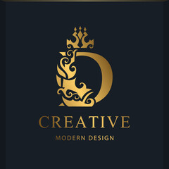 Royal letter D design. Luxury logo template. Gold monogram. Creative Emblem for Business sign, badge, crest, label, Boutique brand, Hotel, Restaurant, Heraldic. Modern style. Vector illustration