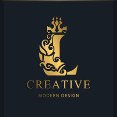 Royal letter L design. Luxury logo template. Gold monogram. Creative Emblem for Business sign, badge, crest, label, Boutique brand, Hotel, Restaurant, Heraldic. Modern style. Vector illustration