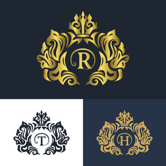 Monogram creative elements, graceful template. Calligraphic elegant line art logo design. Letter emblem H, R, T for Royalty, business card, Boutique, Hotel, Heraldic, Jewelry. Vector illustration.