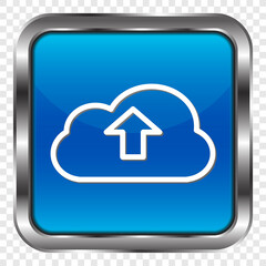 Upload simple icon vector. Flat design. Metal, blue square button. Transparent grid.ai