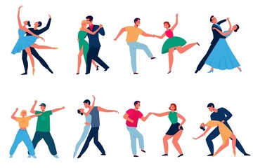 Fototapeta na wymiar Dancing couples. Cartoon professional dancers characters, men and women in performing outfits. Modern types dance latin and tango, waltz and disco. People in ballroom, music party vector set