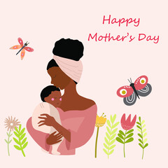 Black woman holding and kissing baby, vector illustration, flowers, butterfly, happy mother's day.
