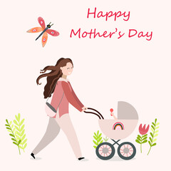 A woman with long hair carries a baby carriage in front of her, vector illustration, flowers, butterfly, happy mother's day.