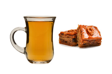 Turkish sweet baklava with turkish tea isolated on a white background. .