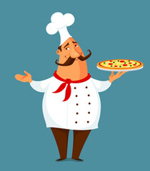 funny cartoon illustration of a pizza chef. Italian cook holding a delicious pizza.