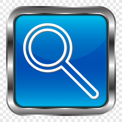 Magnifier, zoom simple icon vector. Flat design. Metal, blue square button. Transparent grid.ai