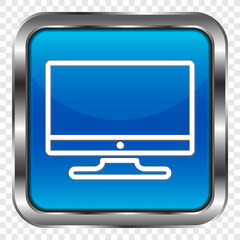 Monitor simple icon vector. Flat design. Metal, blue square button. Transparent grid.ai