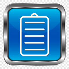 Notepad simple icon vector. Flat design. Metal, blue square button. Transparent grid.ai