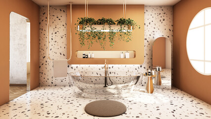 Bathroom interior design minimal,Pastel color wall,Granite wall,Granite floors- 3D render