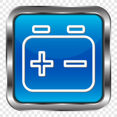 Battery accumulator simple icon. Flat design. Metal, blue square button. Transparent grid.ai
