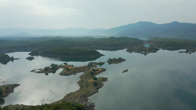 Aerial view of salt lake of Slano with islands in Montenegro