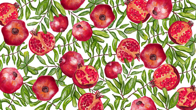 Watercolor background with pomegranate fruits and pomegranate leaves. Hand drawn illustration.