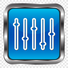 Equalizer, slider simple icon. Flat design. Metal, blue square button. Transparent grid.ai