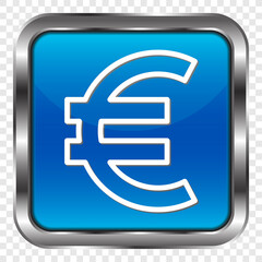 Euro money simple icon. Flat design. Metal, blue square button. Transparent grid.ai