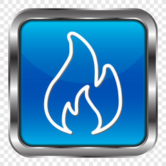 Fire simple icon vector. Flat design. Metal, blue square button. Transparent grid.ai