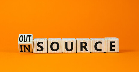 Outsource or insource symbol. Turned a wooden cube and changed the concept word Outsource to...