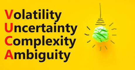 VUCA volatility uncertainty complexity ambiguity symbol. Concept words VUCA volatility uncertainty complexity ambiguity. Beautiful yellow background. Business and VUCA concept. Copy space.