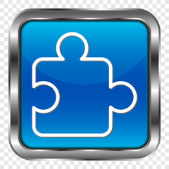 Puzzle vector simple icon. Flat design. Metal, blue square button. Transparent grid.ai