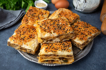 Traditional delicious Turkish cuisine, Turkish food; handmade mince pie, Turkish name; Kayseri Tandir boregi, Tandir boregi
