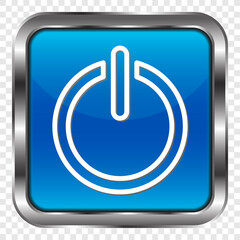 Shut down simple icon vector. Flat design. Metal, blue square button. Transparent grid.ai