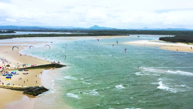 Aerial view of a kitesurfing competition, Queensland, Australia.