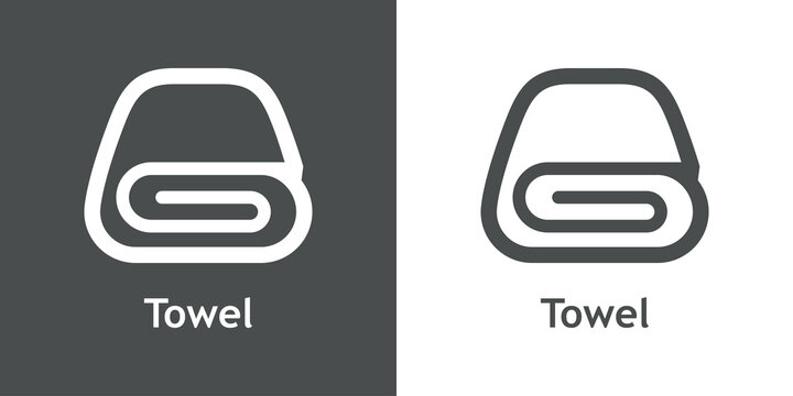 Logo con texto towel. Icono plano silueta de toalla plegado con l&iacute;neas en fondo gris y fondo blanco	