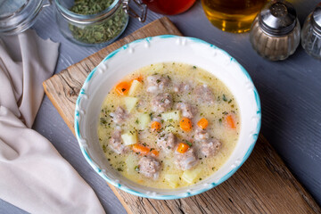 Seasoned soup with meatballs with vegetables. Turkish name; sulu kofte, eksili kofte, terbiyeli kofte)