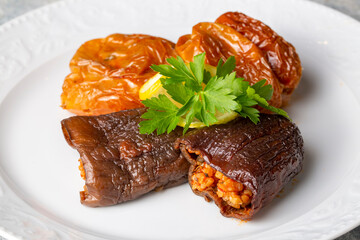 Dried eggplant stuffed and dried pepper stuffed with rice, tomato and olive oil known as dolma. (Turkish name; kuru biber dolmasi, kuru patlican dolmasi)